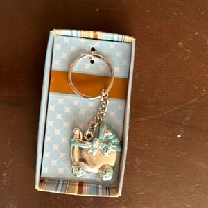 Baby Carriage Charm Keychain – Blue & Silver Stroller – Baby Shower Keepsake